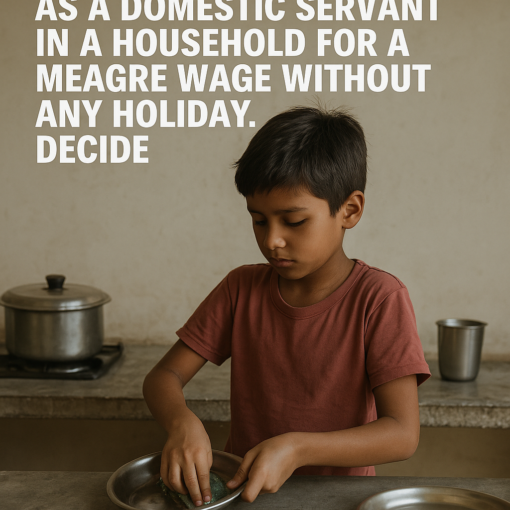 12. A child below 14 years is engaged as a domestic servant in a household for a meagre wage without any holiday. Decide.