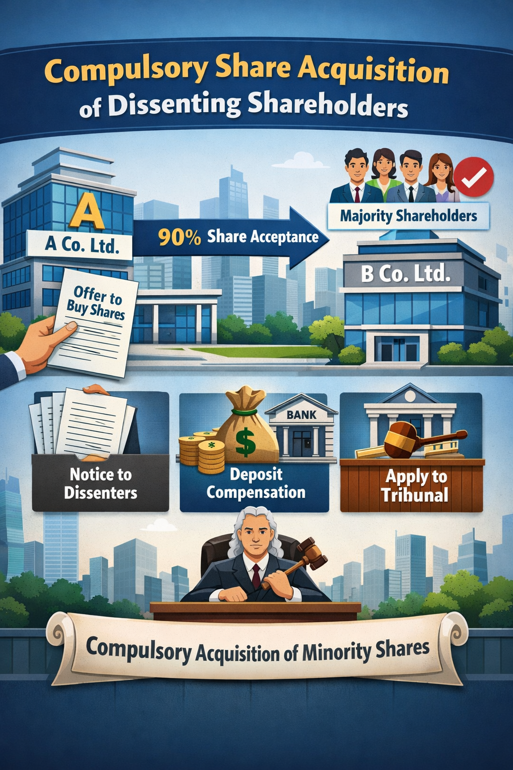 4. An offer by ‘A’ Co. Ltd. to purchase the whole of the issued share capital of B Co. Ltd. has been accepted by the holders of 9/10th of the shares, What further steps can be taken by ‘A’ Co. Ltd. to acquire the holdings of the dissenting shareholders.